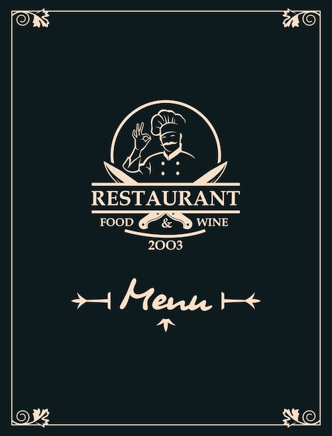 menú de restaurante con utensilios de cocina y chef