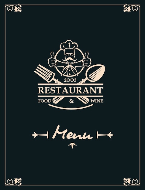 menú de restaurante con utensilios de cocina y chef