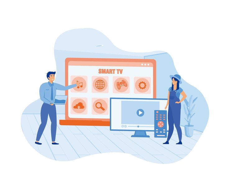 Vector menú smart tv en el portátil personas pequeñas ven aplicaciones de contenido de video en la caja de televisión multimedia tecnología moderna de televisión de vector plano ilustración moderna