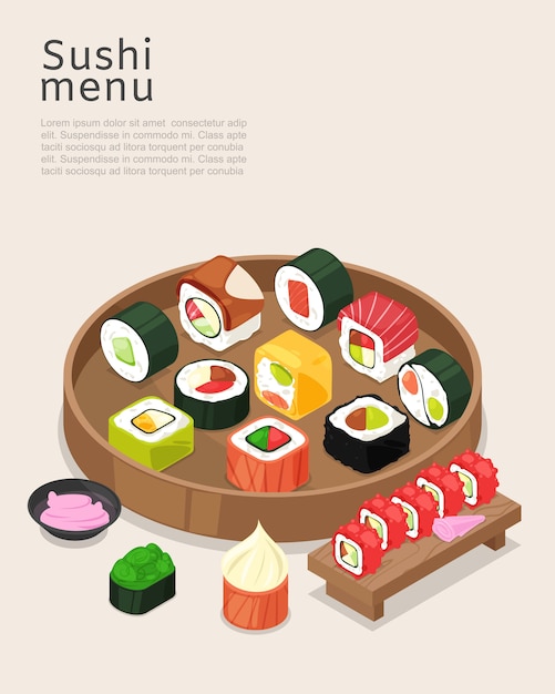 Menú de sushi, comida asiática con ilustración de cartel de arroz. rollo de restaurante de cocina con salmón sobre fondo brillante, cocina de bar