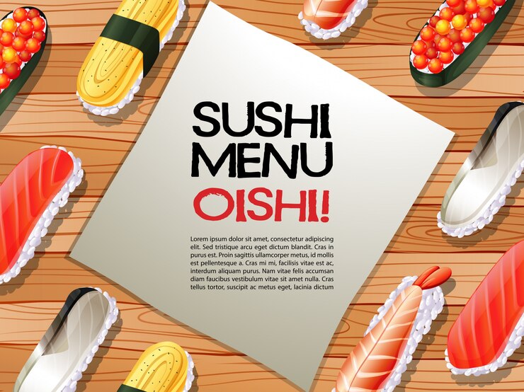 Vector menú de sushi en el tablero de madera