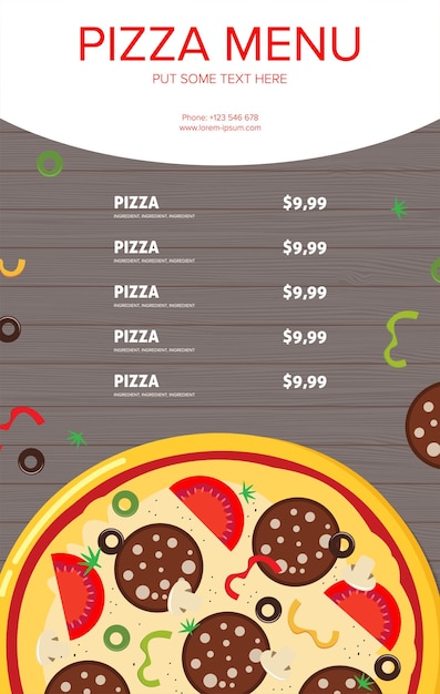 Vector menú de tarjeta de pizza de estilo plano ilustración vectorial