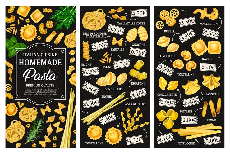 Vector menú tipos de pasta cocina italiana