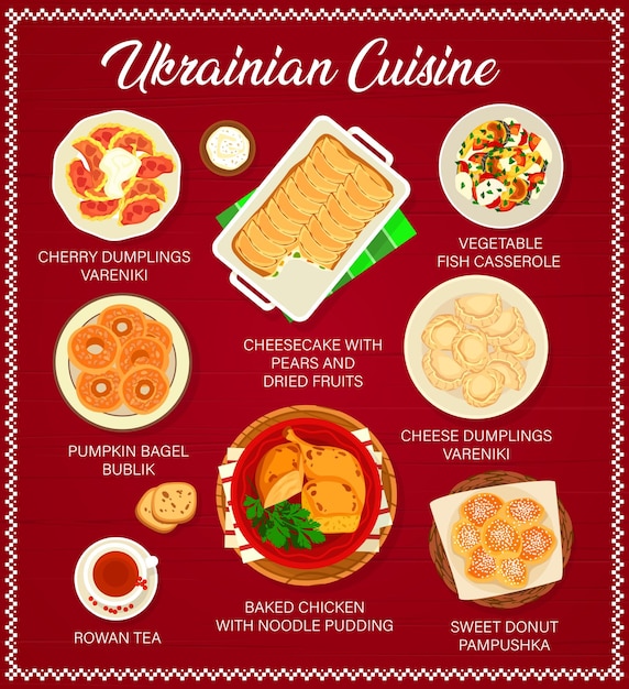 Menú de vector de cocina ucraniana de comida tradicional