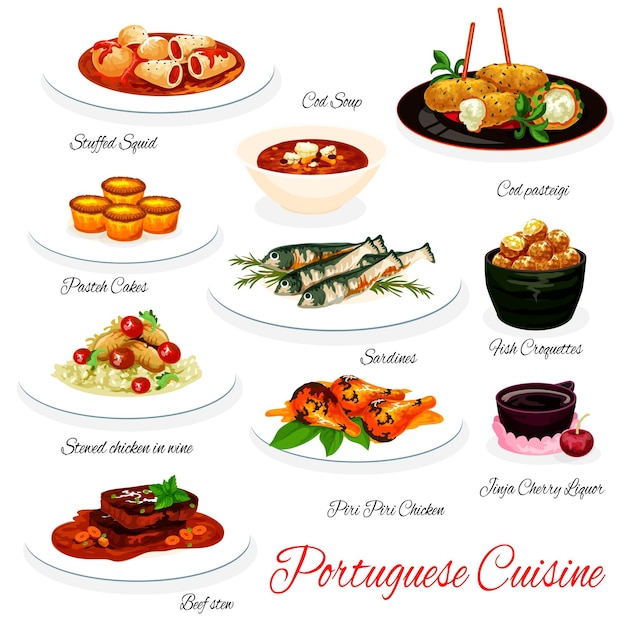 Menú de vector de comidas de cocina portuguesa
