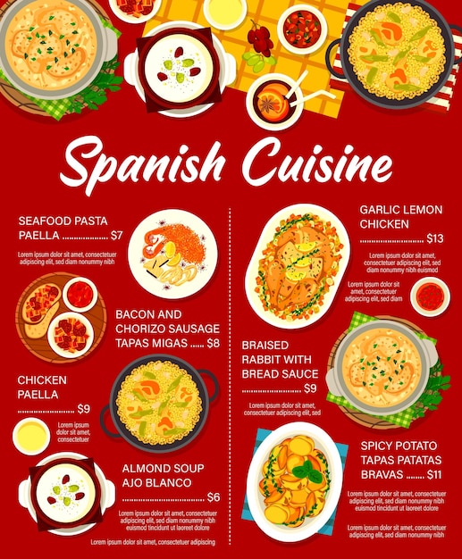 Vector menú vectorial de cocina española lista de precios de comidas de españa