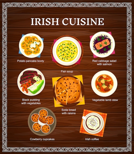 Vector menú vectorial de cocina irlandesa con platos de irlanda