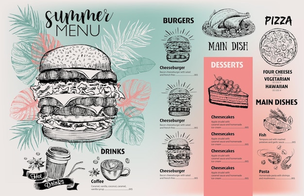 Vector menú de verano diseño de menú de comida de restaurante ilustraciones dibujadas a mano