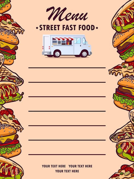 Menús para comida rápida callejeraEn los bordes del menú ilustraciones de comida rápidaAspecto apetitoso
