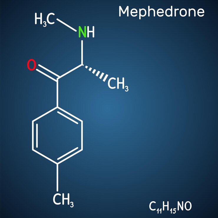 Vector mephedrone 4methyl methcathinone 4mmc 4methyl ephedrone c11h15no molécula de fondo azul oscuro