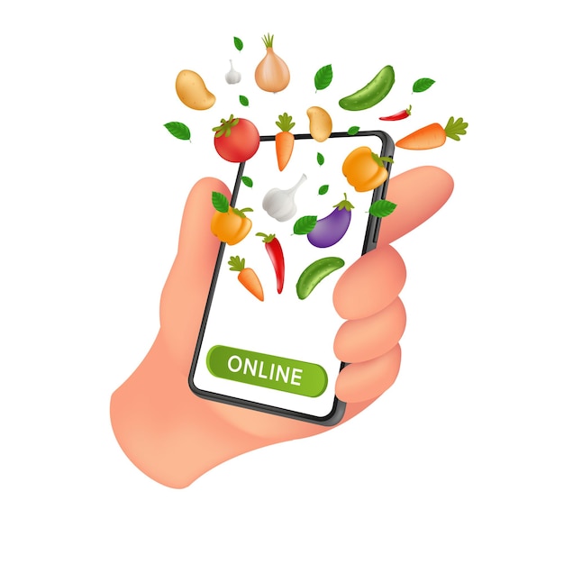 Mercado de abarrotes Fresh Farm. Servicio de comida, pedido y entrega en línea. Mano humana sosteniendo un teléfono inteligente móvil con vegetales naturales en la pantalla.