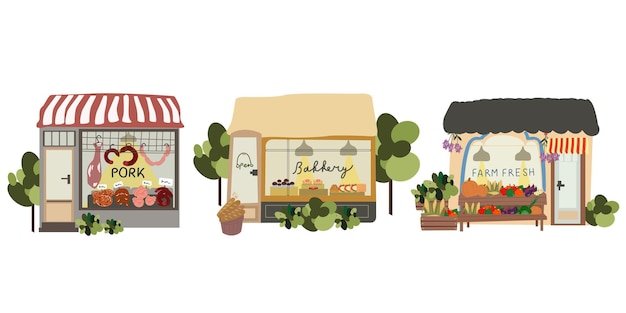 Mercado de agricultores panadería linda con personajes planos tienda de verduras y carnicería