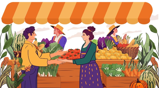 Mercado de agricultores productos frescos intercambio escena vibrante puestos coloridos verduras frutas personas que interactúan diseño de pancartas de mercado al aire libre