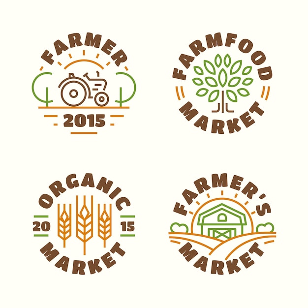 Mercado de alimentos agrícolas y emblema orgánico conjunto estilo de línea de color aislado en el fondo para la agricultura, compañía de productos naturales, empresa de naturaleza, tienda de alimentos saludables, cafetería vegana, tienda ecológica, jardín. Ilustración vectorial
