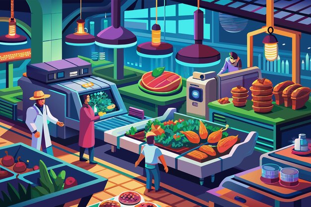 Vector un mercado de alimentos futurista que vende carne cultivada en laboratorio explorando alternativas a la agricultura tradicional