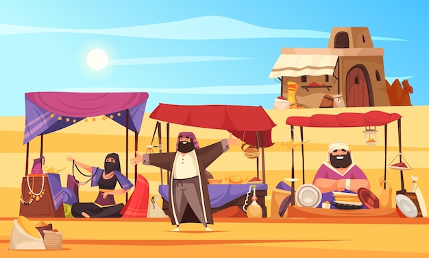 Vector mercado árabe con toldos comerciales y vendedores orientales en sandy desert cartoon