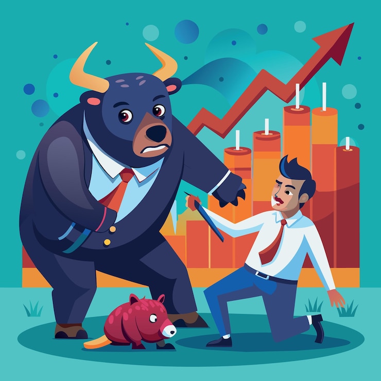 Vector mercado bajista luchando con mercado alcista mercado financiero mercado de valores concepto hombre de negocios con peso de toro