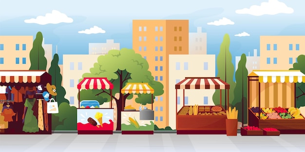 Mercado callejero puesto de alimentos de la granja quiosco de frutas y verduras frescas con dosel de techo a rayas mercado al aire libre puesto de helados y maíz fondo de paisaje de mercado urbano de dibujos animados vectorial