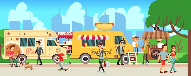 Vector mercado de comida callejera gente caminando parque de la ciudad dibujos animados camiones de comida rápida y carpas hombre mujer comiendo skateboarding compras beber café entretenimiento al aire libre vector ilustración