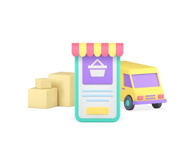 Mercado de compras en línea aplicación de teléfono inteligente entrega de pedidos icono 3d vector realista