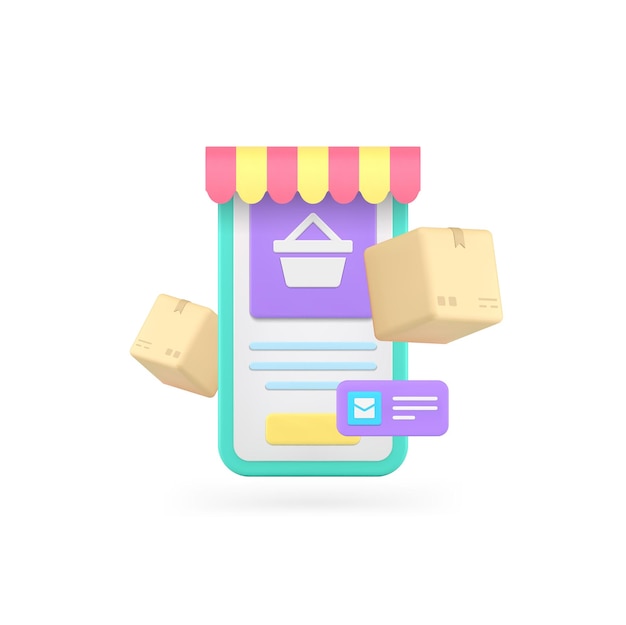 Mercado de compras en línea entrega de pedidos aplicación para teléfono inteligente icono 3D vector realista