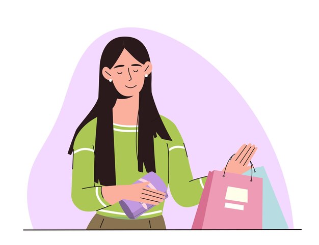 Vector mercado de concepto de actividad económica mujer con coloridas bolsas de compras moda y estilo comprador en