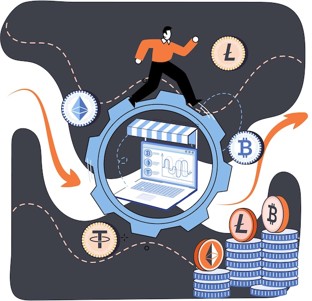 Vector mercado de criptomonedas transacciones de bitcoin resultado de cálculos informáticos registro electrónico minería bitcoins dinero digital cripto negocio transacciones financieras escena billetera electrónica