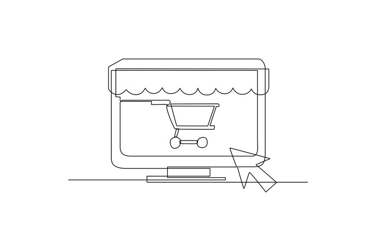 Vector mercado digital de dibujo de una sola línea en computadora concepto digital de mercado
