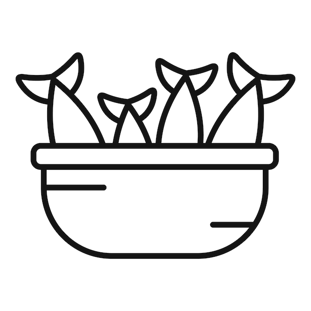 Mercado flotante, cesta de pescado, icono, contorno, vector, río tailandés, vendedor, comida