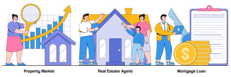 Vector mercado inmobiliario, agente inmobiliario, concepto de préstamo hipotecario con gente diminuta. conjunto de ilustración de vector de propiedad de compra. apartamento nuevo, inversión inmobiliaria, crédito bancario, pago inicial, metáfora de pago.