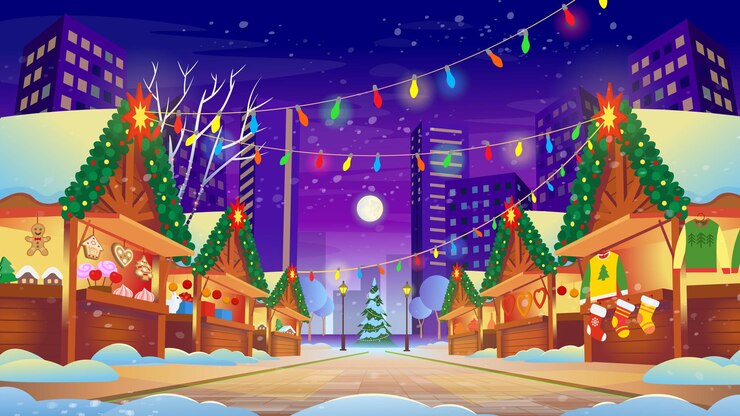 Vector mercado navideño con iluminación, compras, regalos tradicionales, compra de comida navideña.