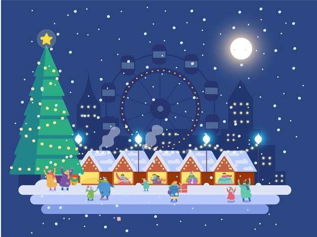Mercado navideño o feria de vacaciones Puesto de festival al aire libre Multitud de gente feliz en ropa de abrigo i