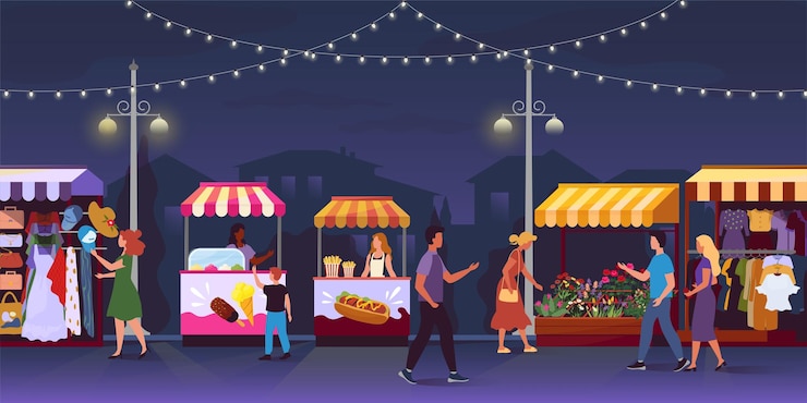 Vector mercado nocturno festival de puestos de comida tiendas al aire libre feria local en la calle flea de mercado panorama de la ciudad por la noche de verano gente caminando y comprando en quioscos ilustración de dibujos animados vectoriales
