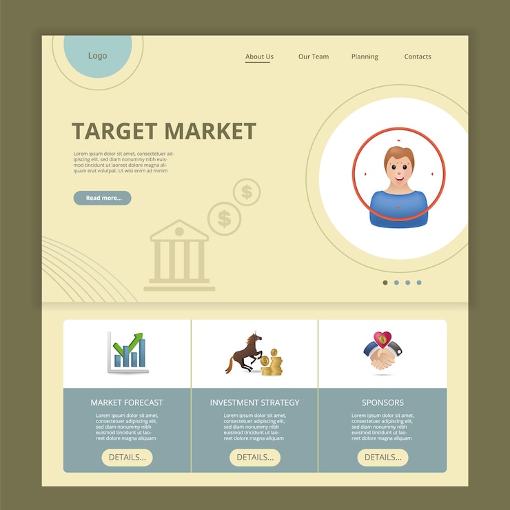 Vector mercado objetivo mercado de plantilla de sitio web de página de destino plana
