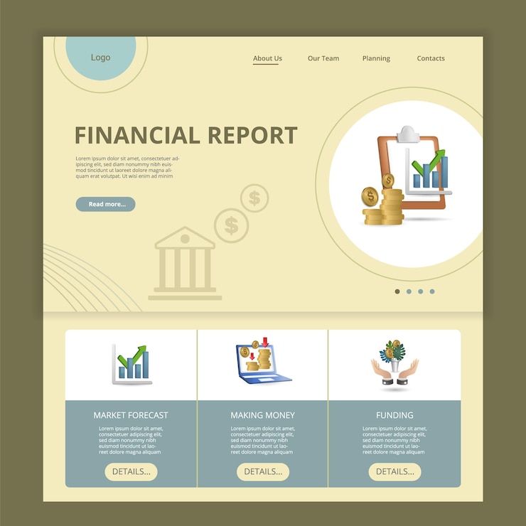 Vector mercado de plantillas de sitio web de página de destino plana de informe financiero