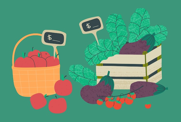 Mercado de productos locales cesta con manzanas caja de madera con berenjena y lechuga ilustración de tendencia plana vectorial con texturas