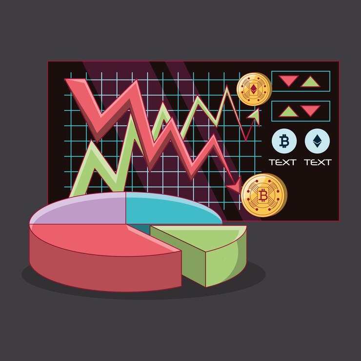 Vector mercado de valores con cryptcoins y gráfico circular