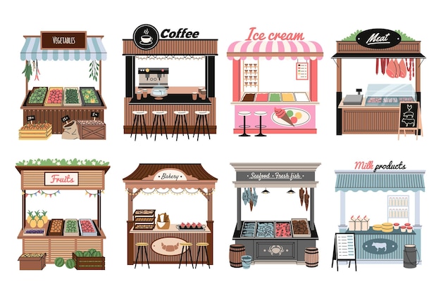 Mercados callejeros Quioscos de dibujos animados con diferentes productos sin vendedores comida y bebidas colección panadería verduras y frutas tienda de helados y leche ordenado conjunto plano de dibuyos animados vectorial