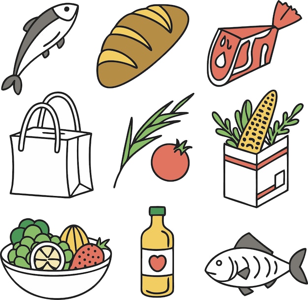 Mercancías de comestibles Peces Pan Carne Vegetales y frutas