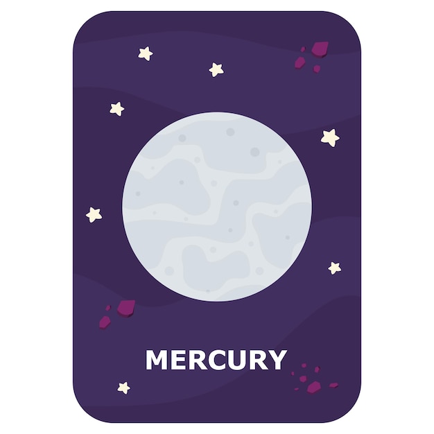 Mercury Vector Space tarjeta flash Juego de idioma inglés con lindo astronauta cohete planeta cometa alienígena para niños Tarjetas de astronomía con personajes divertidos Hoja de trabajo imprimible educativa simple