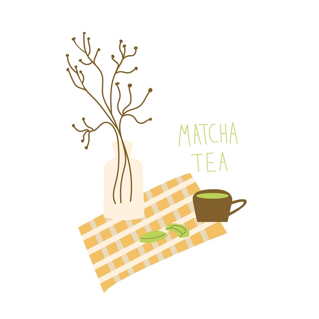 Merienda saludable y deliciosa. Una taza de té matcha dibujada a mano con galletas. Alimentos orgánicos. Bonitos artículos de interior. Ilustración de vector aislado sobre fondo blanco. estilo de dibujos animados