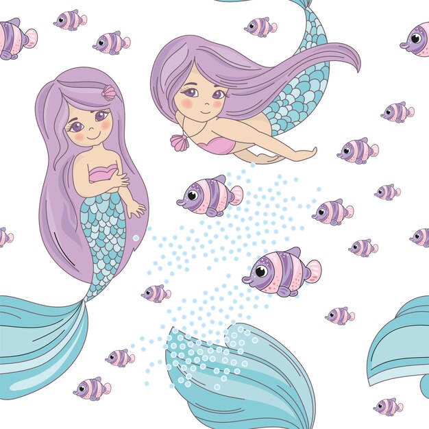 MERMAID FISH Sea Travel Seamless Pattern Vector Illustration