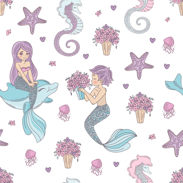 Mermaid pattern wedding seamless pattern vector illustration