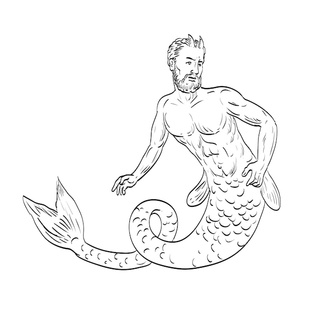 Merman Nadando Vista Frontal Dibujo Medieval