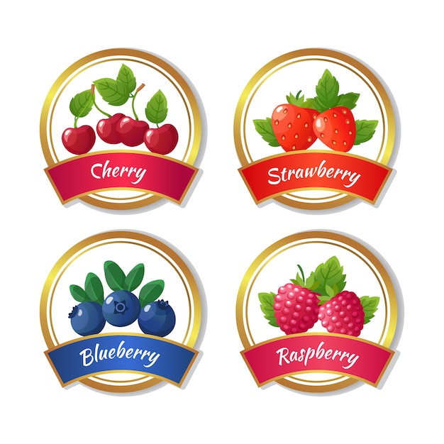Mermelada de bayas y etiquetas de mermelada. Plantilla de vector de frutas frescas de verano