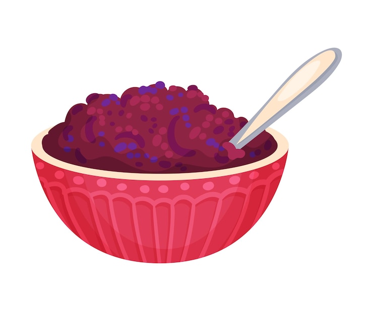 Vector mermelada de ciruela vertida en un cuenco con ilustración vectorial de cuchara