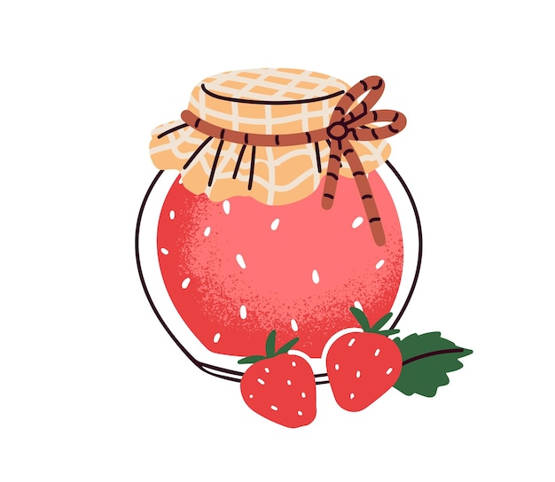 Mermelada de fresa en frasco de vidrio con hilo Confitura natural dulce Conservación de bayas Preservación de mermelada casera Jalea de temporada casera Ilustración vectorial plana aislada sobre fondo blanco