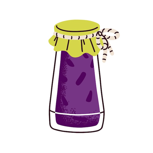 Mermelada de frutas en frasco de vidrio con arco de cuerda Conservación de bayas dulces casera Marmelada de verano Tratamiento de confitura de bayas naturales enlatada y conservada Ilustración vectorial plana aislada sobre fondo blanco