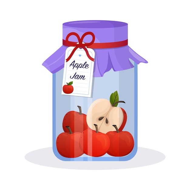 Mermelada de manzana en tarro Confitura de manzana Ilustración de comida vectorial en estilo plano de dibujos animados Desayuno