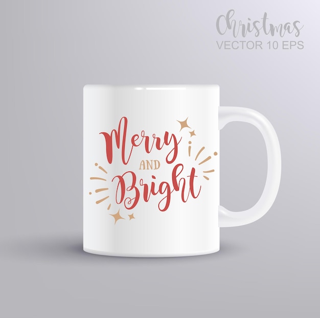 Merry And Bright lettering Vector concepto navideño dibujado a mano con maqueta de taza
